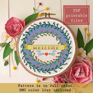 Welcome wreath cross stitch pattern! Instant download PDF