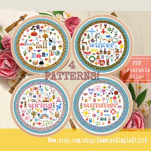 Può includere: Quattro motivi di ricamo per punto croce che rappresentano le diverse stagioni: primavera, estate, autunno e inverno. Ogni cerchio ha uno sfondo bianco con icone pixelate colorate che rappresentano ogni stagione. Il testo "4 MODELLI!" è al centro dell’immagine.