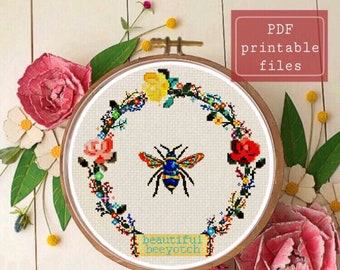 Beautiful Beeyotch funny modern flower wreath cross stitch PATTERN! Instant download pdf  Samwise Simple Stitch