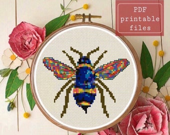 Rainbow bee cross stitch PATTERN! Instant download PDF Samwise Simple Stitch