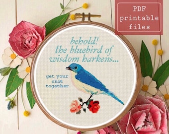 Blue bird of wisdom subversive funny modern cross stitch PATTERN! Instant download PDF  Samwise Simple Stitch