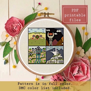 Può includere: Schema di punto croce con quattro scene dal Signore degli Anelli. Le scene includono la Contea, Gran Burrone, Mordor e Minas Tirith. Lo schema è a colori e include un elenco di colori DMC. File PDF stampabili.