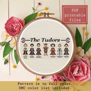 May include: A cross-stitch pattern of the Tudor monarchs, including Catherine of Aragon, Anne Boleyn, Jane Seymour, Henry VIII, Anne of Cleves, Catherine Howard, and Catherine Parr. The pattern is in full color and includes a DMC color list. The pattern is available as a printable PDF file.