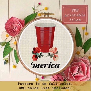 May include: A red plastic cup with the word 'merica' underneath. The cup is surrounded by red and white flowers. The image is in a circular frame with the text 'PDF printable files' in the top right corner.