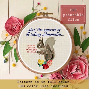 Può includere: Uno schema di ricamo a punto croce con uno scoiattolo e il testo "alas! the squirrel of ill tidings admonishes... you're going straight to hell". Lo schema è a colori e include un elenco di colori DMC. Lo schema è mostrato in un telaio da ricamo in legno.