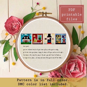 May include: A cross-stitch pattern featuring a colorful illustration of a house with four rooms. The pattern includes a color list and is available as a printable PDF file. The text "dear guest, you are welcome here, be at your ease..." is included in the pattern.