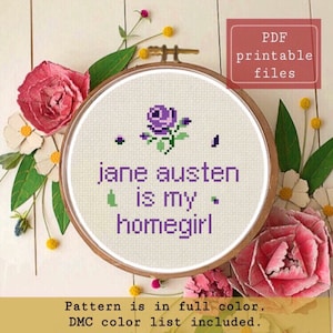 Può includere: Schema di punto croce con una rosa viola e il testo "jane austen is my homegirl". Lo schema è a colori e include un elenco di colori DMC.