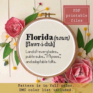 Può includere: Un modello a punto croce in un telaio da ricamo in legno, con la parola "Florida" con pronuncia fonetica e definizione. Il design include accenti floreali e il testo "PDF printable files."