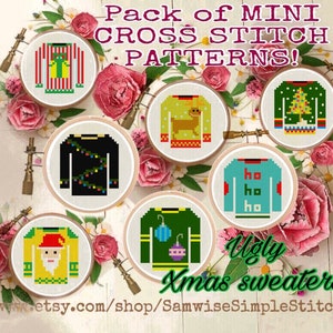 Può includere: Un set di schemi di punto croce in miniatura con sei diversi design di maglioni natalizi brutti. I design includono una renna, un albero di Natale, un pupazzo di neve, luci, Babbo Natale e un ornamento natalizio. Gli schemi sono mostrati in cerchi da ricamo su uno sfondo di fiori rosa.