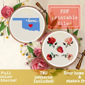 Puede incluir: Dos patrones de punto de cruz imprimibles en PDF. Un patrón es del estado de Oklahoma con la palabra "home" y un corazón rojo. El segundo patrón es de una fresa y tres rosas. El texto "Archivos PDF imprimibles", "¡Patrones a todo color!" y "¡DOS patrones incluidos!" es visible. El texto "¡Tu estado de origen y la fruta del estado!" también es visible.