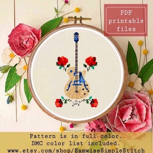 Può includere: Schema di punto croce con una chitarra elettrica blu e beige con fiori rossi e note musicali. Il modello è a colori e include un elenco di colori DMC. File PDF stampabili. www.etsy.com/shop/SamwiseSimpleStitch