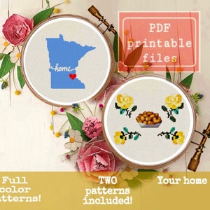 May include: Two cross-stitch patterns, one with the outline of the state of Minnesota and the text "home" with a red heart, and the other with a bowl of food and three yellow roses. The patterns are in embroidery hoops and surrounded by pink and white flowers.