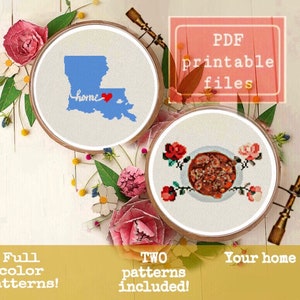 May include: Two printable cross stitch patterns, one featuring the state of Louisiana with the word "home" and a heart, and the other featuring a bowl of gumbo with roses. The patterns are in full color and are available as PDF files.