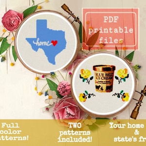 Può includere: Due modelli di punto croce stampabili, uno con lo stato del Texas con la parola "home" e un cuore rosso, e l'altro con una confezione di gelato Blue Bell con rose gialle. I modelli sono a colori e sono disponibili come file PDF.