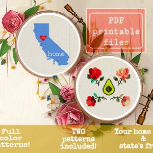 Puede incluir: Dos patrones de punto de cruz imprimibles, uno con un contorno azul del estado de California con un corazón rojo y la palabra "home" y el otro con un aguacate verde y rosas rojas.