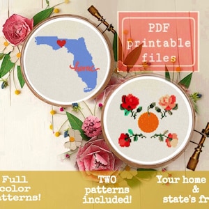 Puede incluir: Dos patrones de punto de cruz imprimibles, uno con el estado de Florida con un corazón y la palabra "home" y el otro con una naranja y rosas. Los patrones están en color completo y están disponibles como archivos PDF.