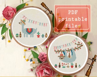 BOTH Party sloth & llama cross stitch PATTERNS! Instant download PDF