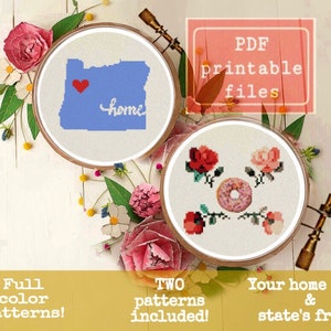 Puede incluir: Dos patrones de punto de cruz imprimibles, uno con el estado de Oregón con un corazón y la palabra "home" y el otro con una rosquilla y rosas. Los patrones están en color completo y están disponibles como archivos PDF.