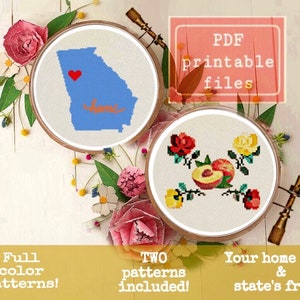 May include: Two printable cross stitch patterns, one featuring the state of Georgia with a heart and the word "home" and the other featuring peaches and flowers. The patterns are in full color and are available as PDF files.