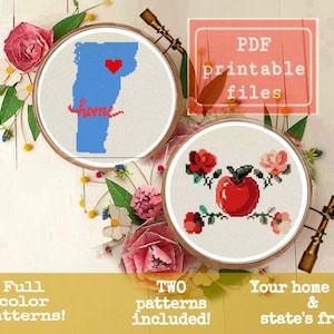 May include: Two printable cross stitch patterns, one featuring a state outline with the word "home" and a heart, and the other featuring an apple with flowers. The text "PDF printable files" is in a pink box at the top of the image. The text "Full color patterns!" is in a yellow box at the bottom left of the image. The text "TWO patterns included!" is in a yellow box at the bottom center of the image. The text "Your home state & state's fruit!" is in a yellow box at the bottom right of the image.