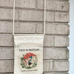 Zippered Across Body Canvas Purse, Cottage Core Themed Mushroom Girl