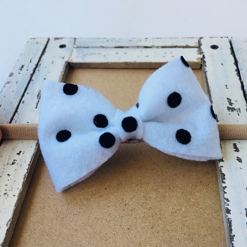 Infant Headband Nylon Headband Baby Girl Headband White and Black Polka Dot Felt Bow Headband Baby Headband Baby Nylon Headband