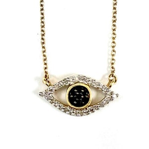 Evil Eye Black and White Diamond Necklace. 10k Solid Gold. 0.15 Carats of Natural Diamonds. Excellent Shine. Solid Italian Gold Chain