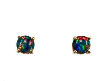 Round Shaped AAA Quality Natural Australian Opal Stud Earrings  set in 14k Yellow Gold.