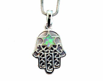 Chamsa (hand) Opal Pendant Enhanced with small Star of David set in Sterling Silver. With 18 Inch Italian Made Silver Chain.