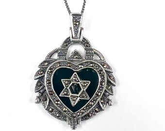 Heart shaped  Marcasite and  Green Stone  Star of David Sterling Silver Necklace. With 18 Inch Italian Made Silver Chain.