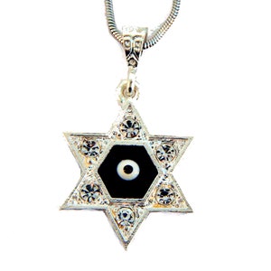 Sterling Silver Star of David Necklace with Evil Eye & CZ, 18 Inch Chain