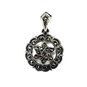 Oxidized Marcasite Star of David Necklace, Sterling Silver Chain