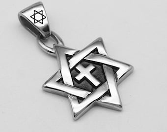 Large Star of David (Mage David) and Cross Pendant with black Enamel. 1.80 inches high and 1.2  inches wide. Comes with a 20 inch Chain.