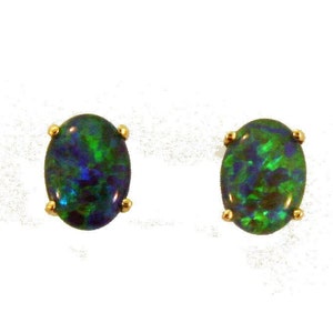 Large Oval Shaped AAA Quality Natural Australian Opal Stud Earrings  set in 14k Yellow Gold.