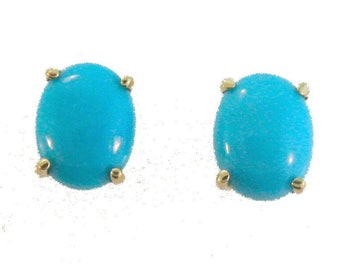 Turquoise, Sleeping Beauty, Natural Arizona Turquoise Stud Earrings.  Set in 14k Solid Yellow Gold. 9x7mm.