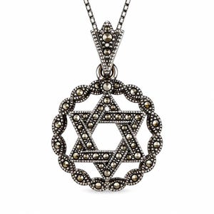 Marcasite Star of David Necklace, Oxidized Sterling Silver Pendant, 18 Inch Chain