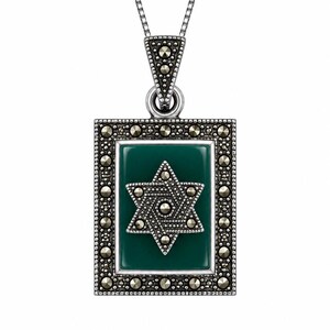 Marcasite Star of David Pendant, Green Stone Sterling Silver Necklace