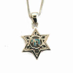 Star of David  and Chai shaped Opal Sterling Silver Pendant. With 18 Inch Italian Made Silver Chain.