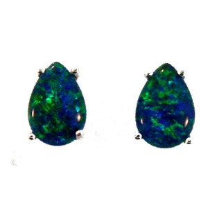 Pear shaped AAA Quality Natural Australian Opal Stud Earrings  set in 14k White Gold.