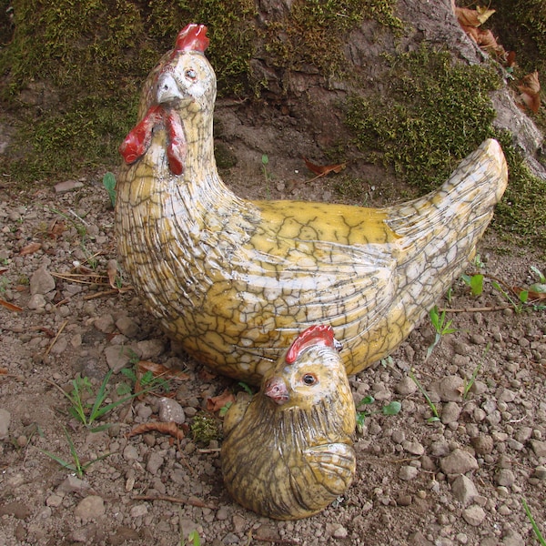 poule et poussin  en raku  - Décoration originale