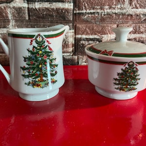 Vintage Christmas  &quot;Ribbons & Tree Porcelain Ware Creamer and Sugar Bowl made by Topco