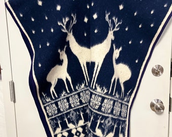 Vintage Reversible Wool Blanket Poncho with Deer Scene (Unisex - One Size Fits Most)