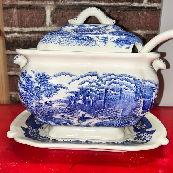 Vintage Japanese Blue and White Transferware Soup Tureen with Lid, Ladle and Underplate