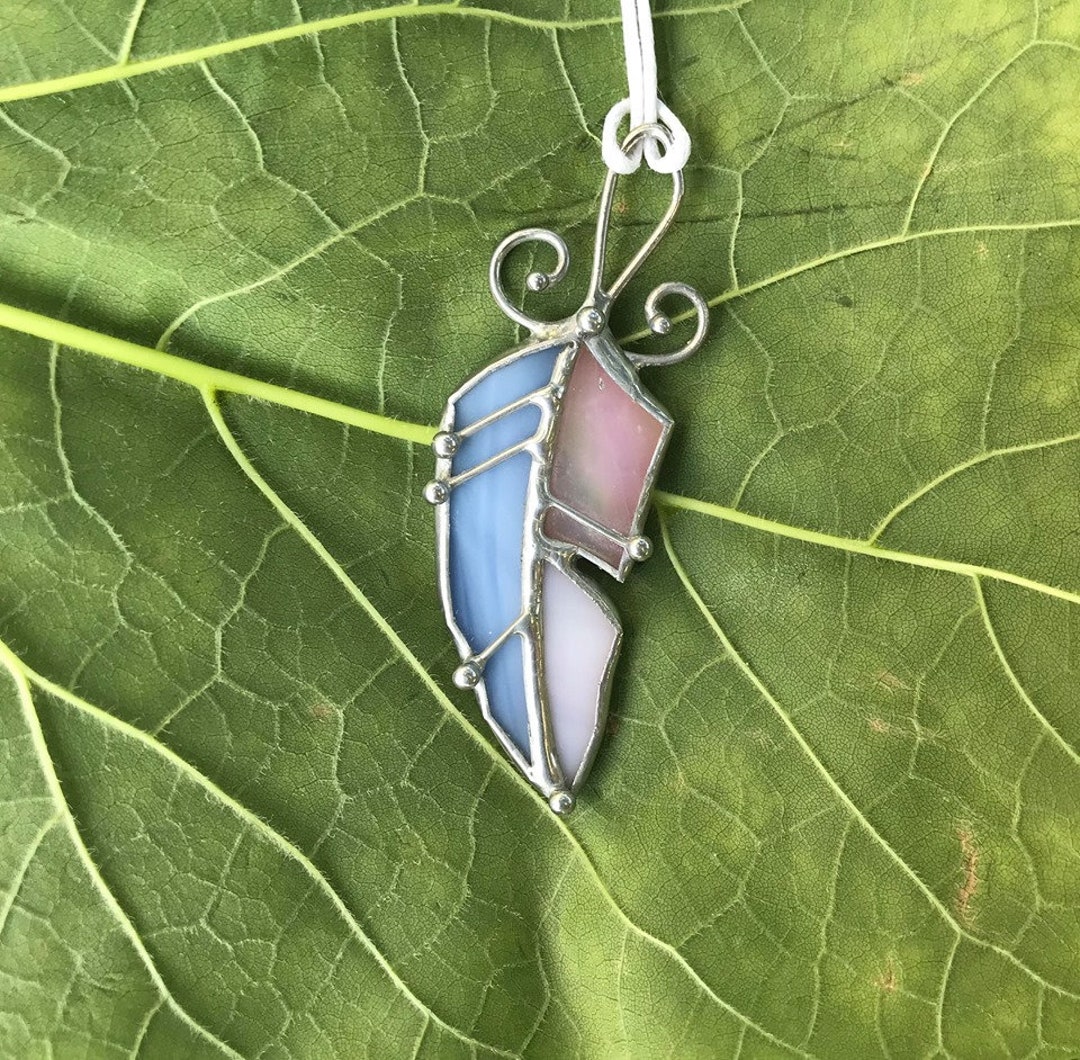 Feather Necklace Charm Stain Glass Jewelry Pink and Blue Etsy