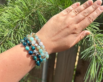 Pulsera de cristal de ágata azul con elementos de hematita Pulsera de cuentas de verano de ágata de dragón de fuego y ojo de tigre azul Pulsera de vibraciones oceánicas con dijes