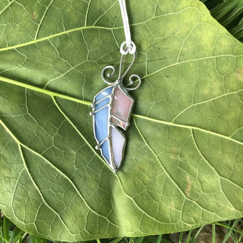 Feather Necklace Charm Stain Glass Jewelry Pink and Blue Etsy