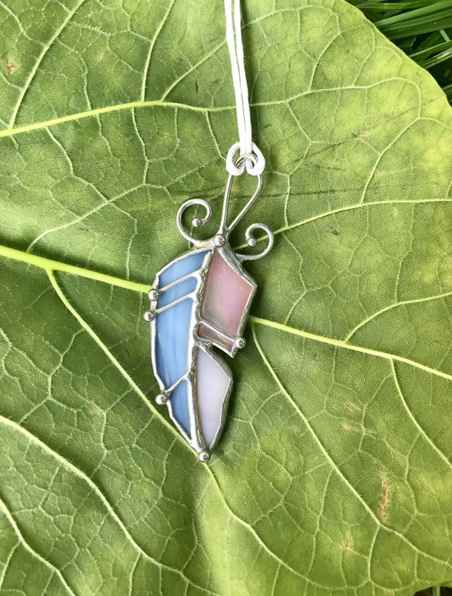 Feather Necklace Charm Stain Glass Jewelry Pink and Blue Etsy