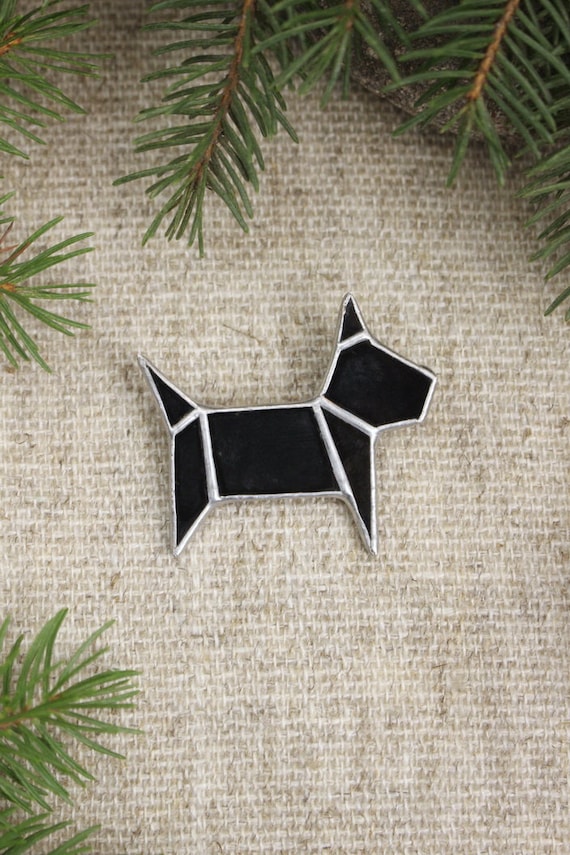Black Origami stained glass dog brooch pin Dog lover gift Black Puppy brooch Cute brooch dog Christmas St Valentines gift her Black brooch