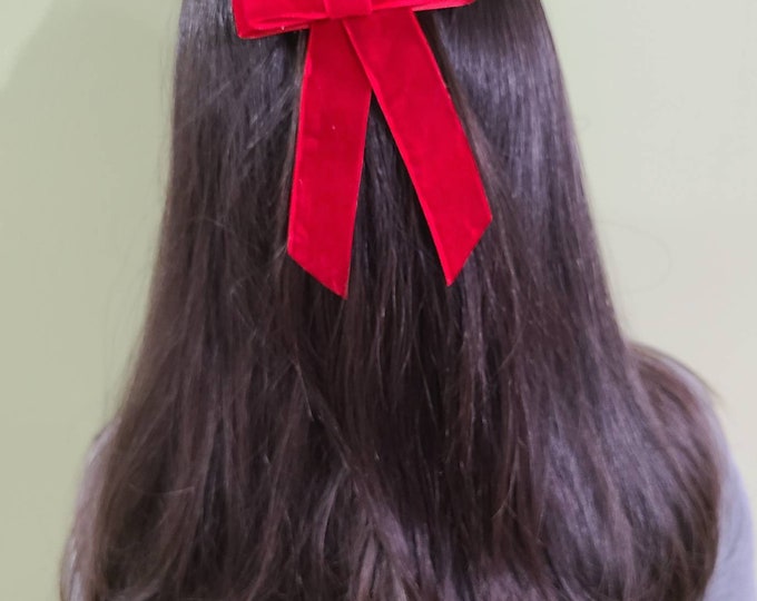 Wide velvet long tail hair bow barrette, chunky hair bow