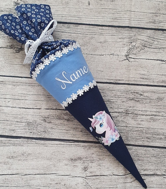 Schultüte Zuckertüte aus Stoff 35cm Einhorn Blau Name